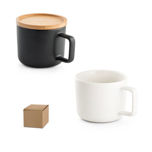 FANGIO. Tasse aus Keramik 220ml mit Deckel aus Bambus, der als Untersetzer dient