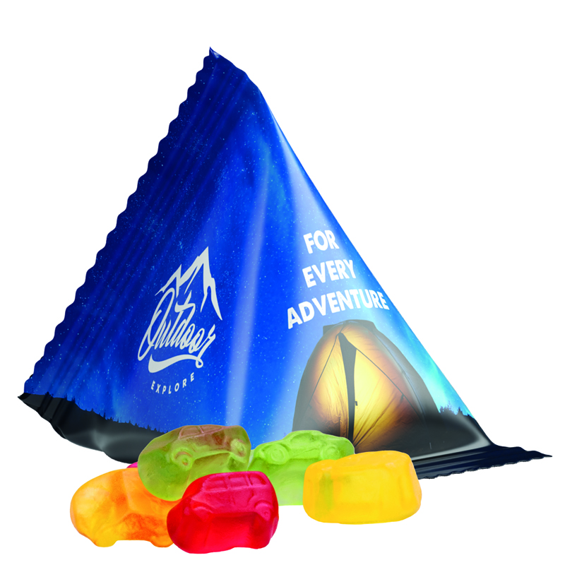 Fruchtgummi Tetraeder, Folie weiß, Trolli Fruchtgummi Auto-Mischung