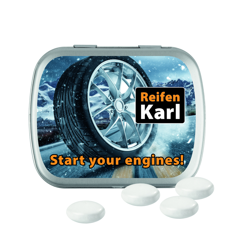 Klappdose, matt-silber, Mentos Kaudragee Mint